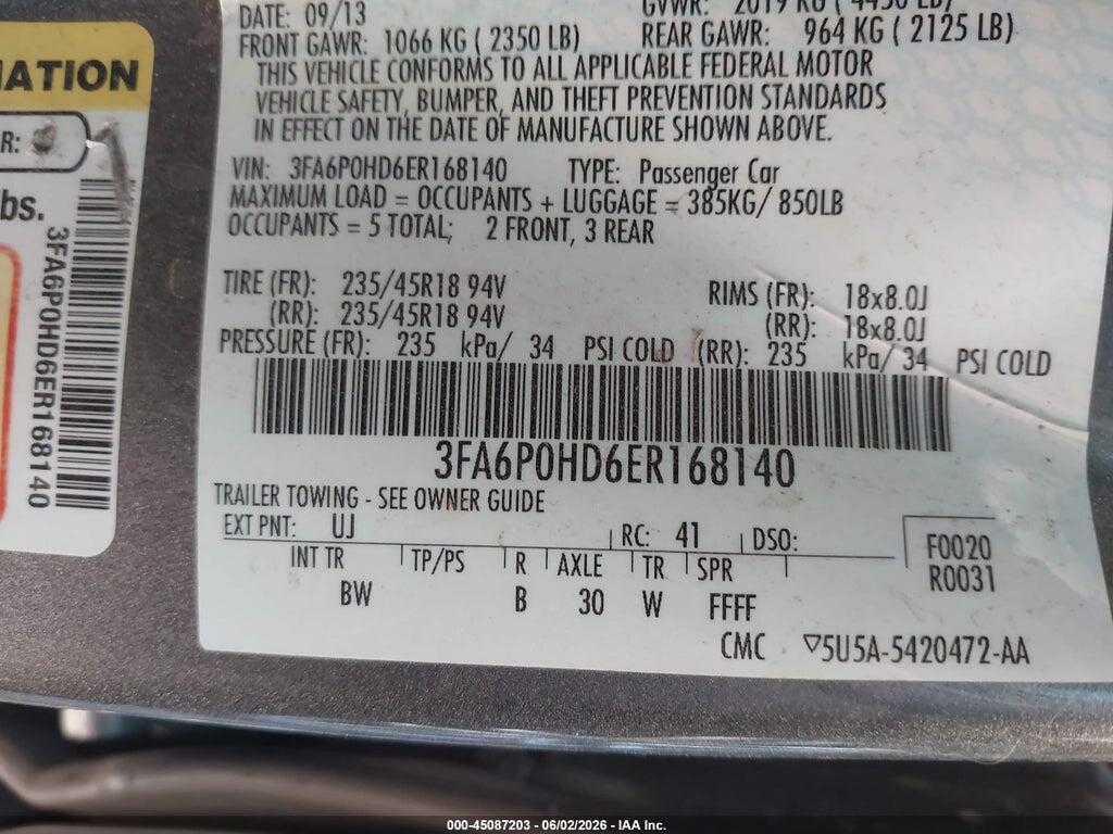 3FA6P0HD6ER168140 2014 FORD FUSION photo no. 9