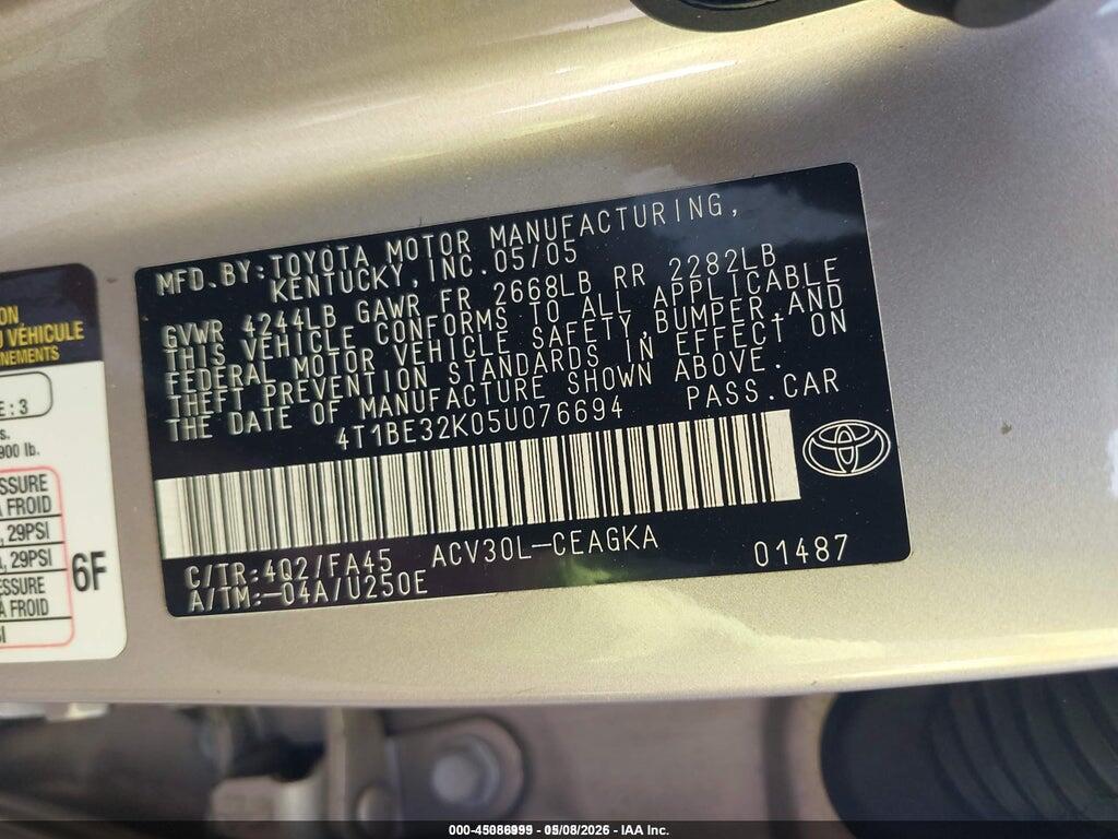 4T1BE32K05U076694 2005 TOYOTA CAMRY photo no. 9