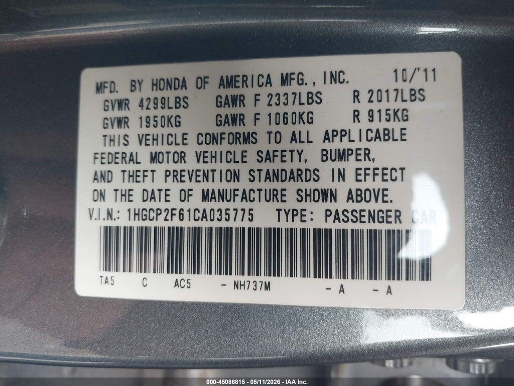 1HGCP2F61CA035775 2012 HONDA ACCORD photo no. 9