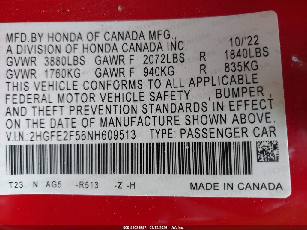 2HGFE2F56NH609513 2022 HONDA CIVIC photo no. 9