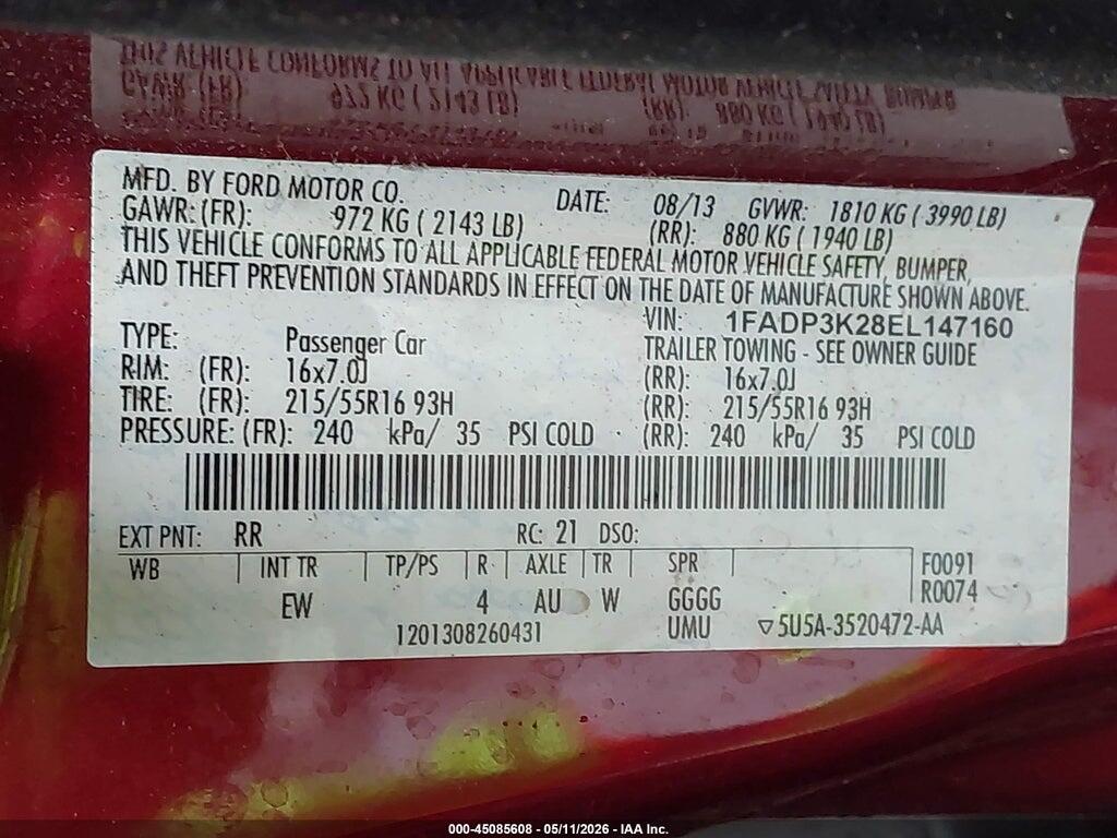 1FADP3K28EL147160 2014 FORD FOCUS photo no. 9