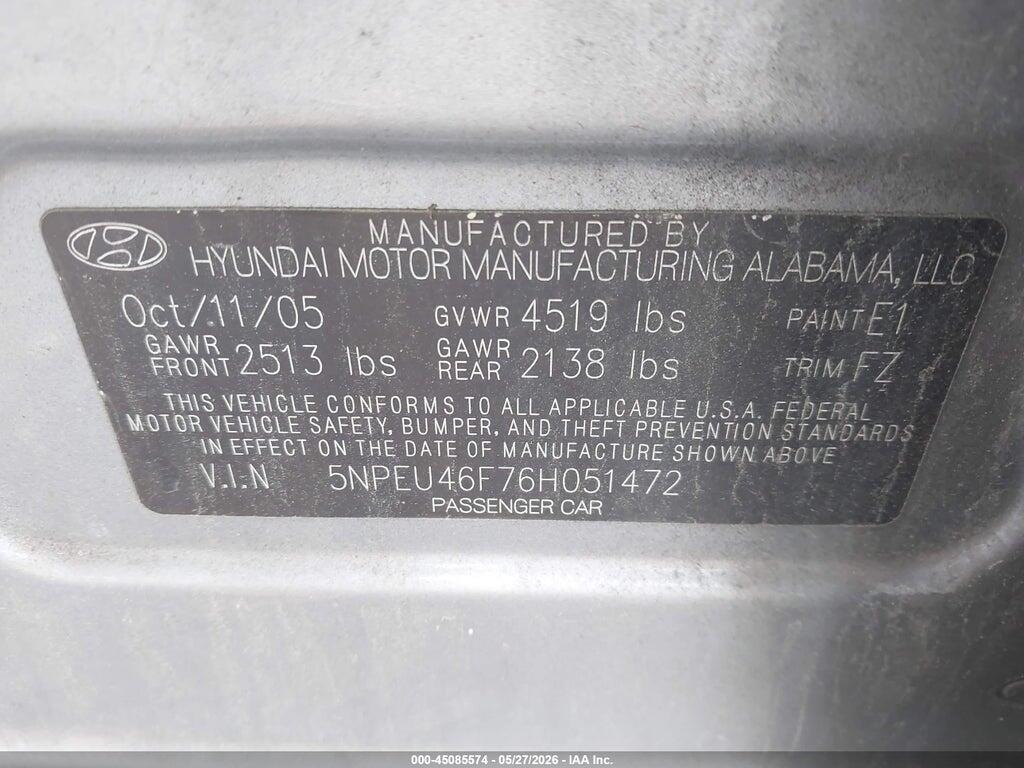 5NPEU46F76H051472 2006 HYUNDAI SONATA photo no. 9