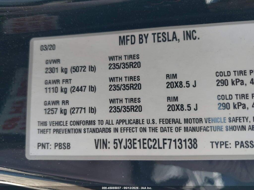 5YJ3E1EC2LF713138 2020 TESLA MODEL 3 photo no. 9
