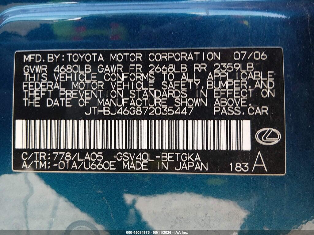 JTHBJ46G872035447 2007 LEXUS ES 350 photo no. 9