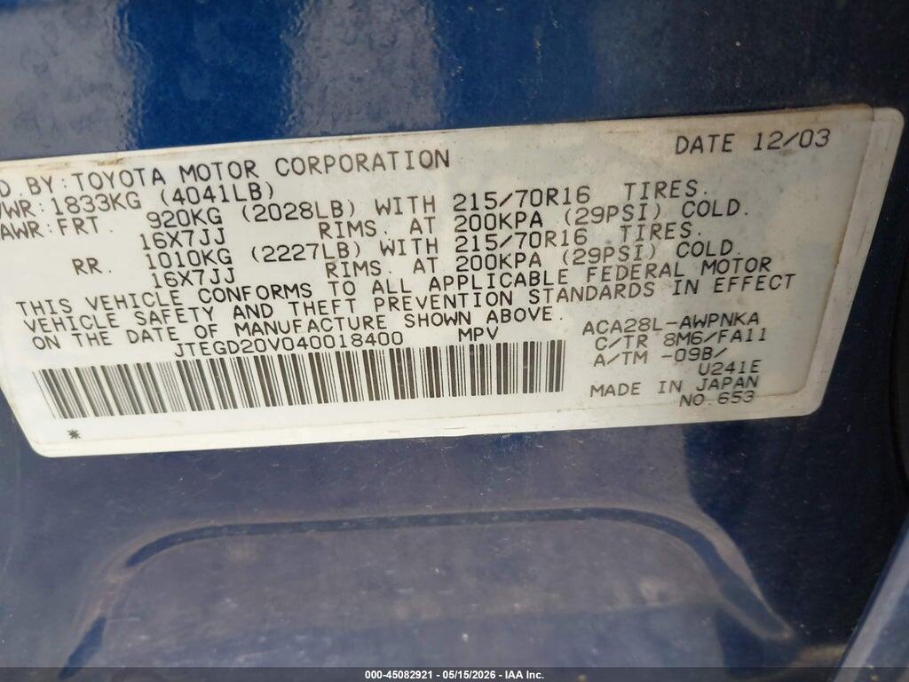 JTEGD20V040018400 2004 TOYOTA RAV4 photo no. 9