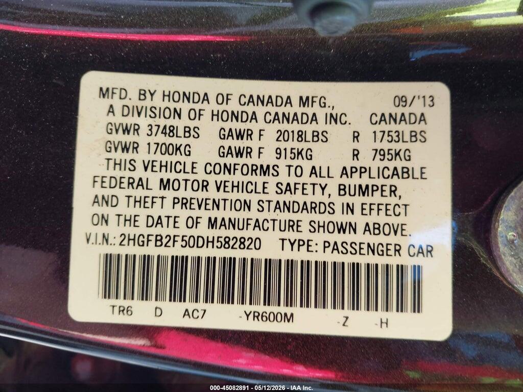 2HGFB2F50DH582820 2013 HONDA CIVIC photo no. 9