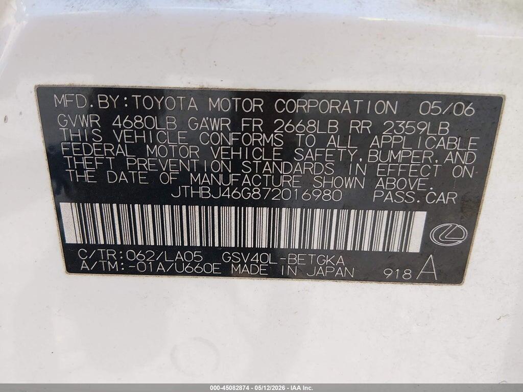 JTHBJ46G872016980 2007 LEXUS ES 350 photo no. 9
