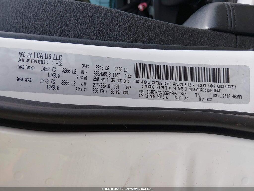 1C4RDHAG7KC604765 2019 DODGE DURANGO photo no. 9