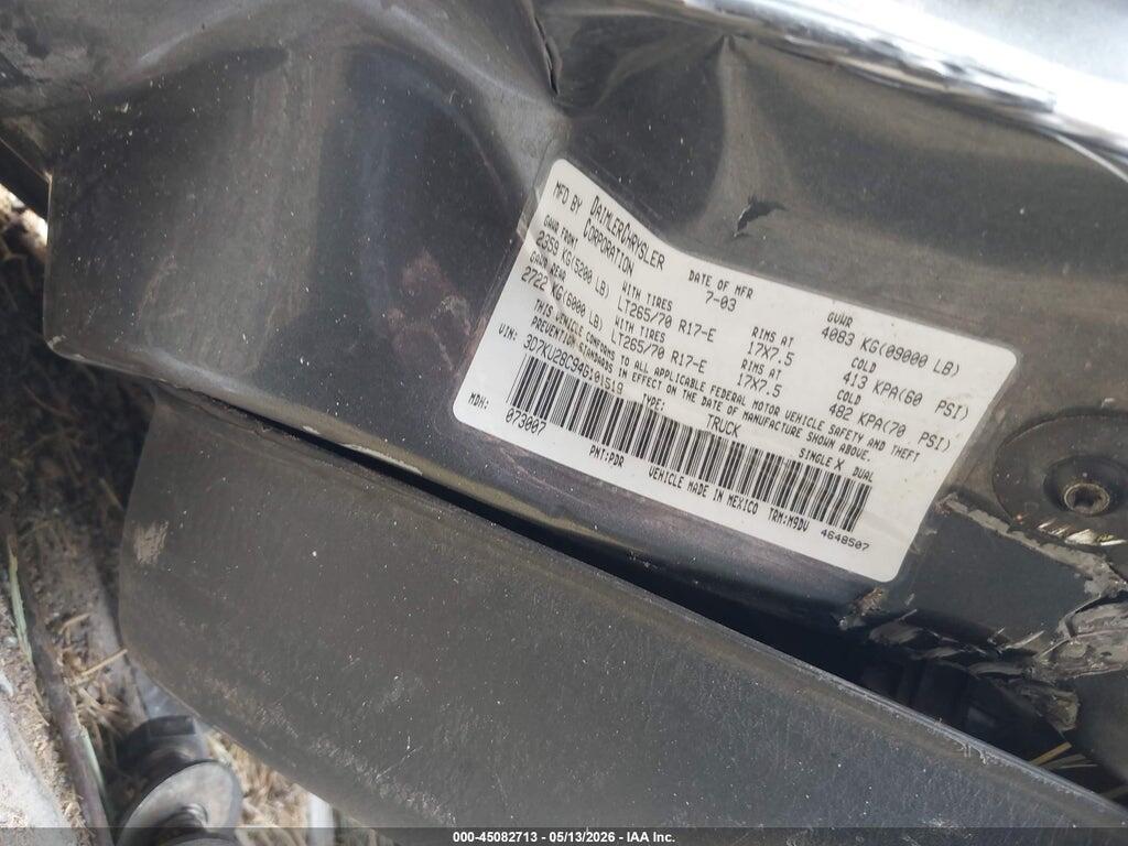 3D7KU28C94G101519 2004 DODGE RAM 2500 photo no. 9
