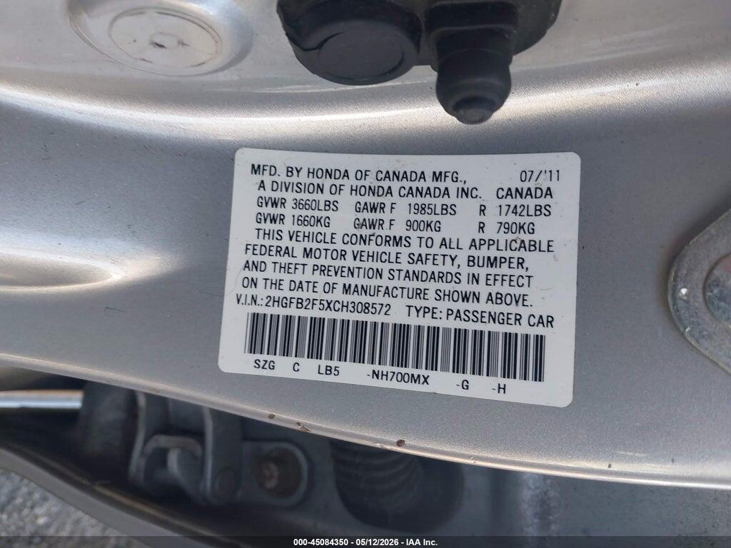 2HGFB2F5XCH308572 2012 HONDA CIVIC photo no. 9