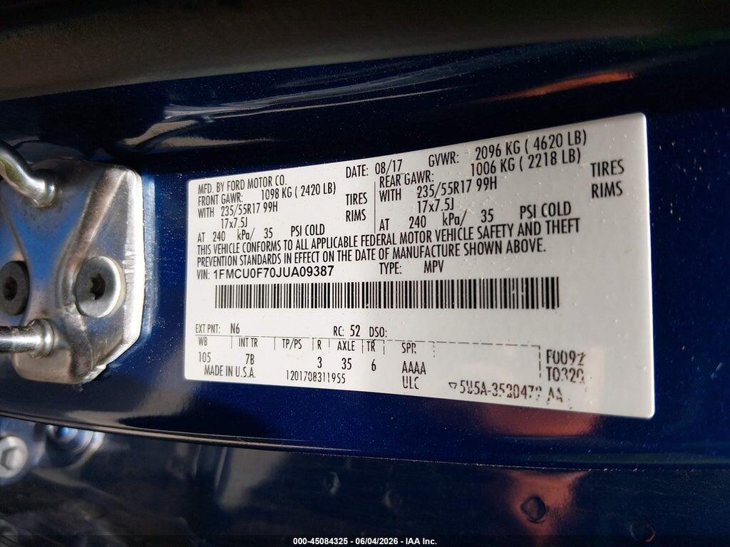 1FMCU0F70JUA09387 2018 FORD ESCAPE photo no. 9