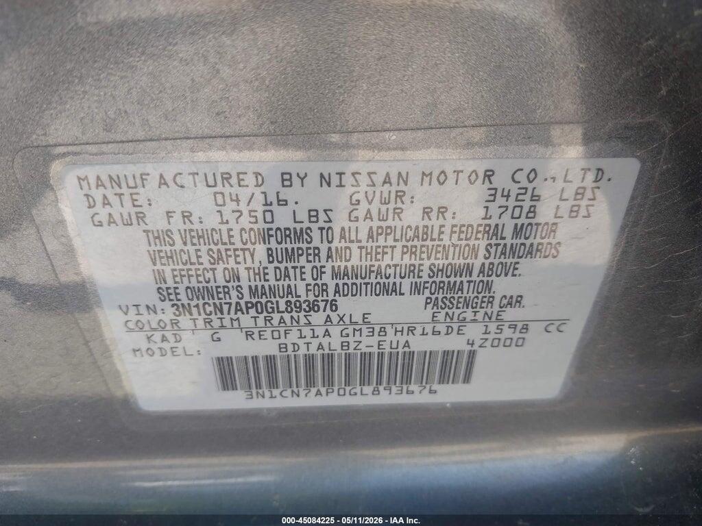 3N1CN7AP0GL893676 2016 NISSAN VERSA photo no. 9