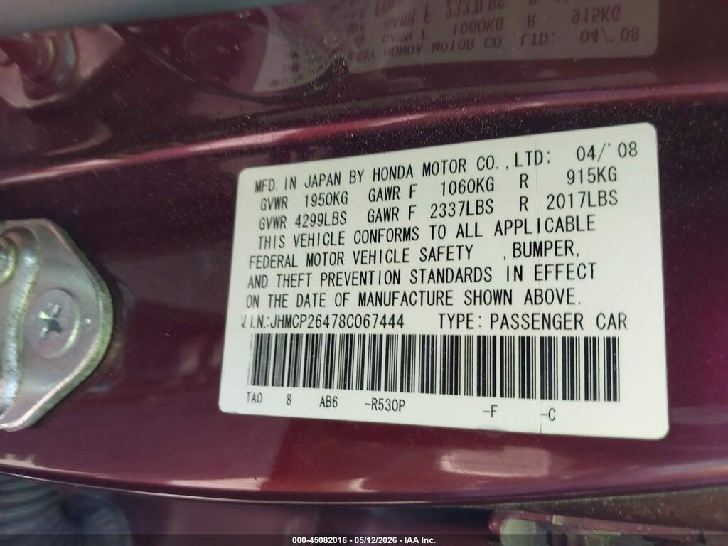 JHMCP26478C067444 2008 HONDA ACCORD photo no. 9