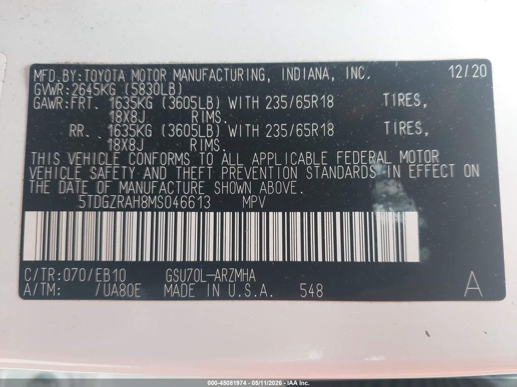 5TDGZRAH8MS046613 2021 TOYOTA HIGHLANDER photo no. 9