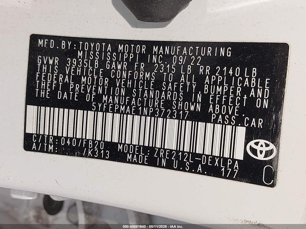 5YFEPMAE1NP372317 2022 TOYOTA COROLLA photo no. 9