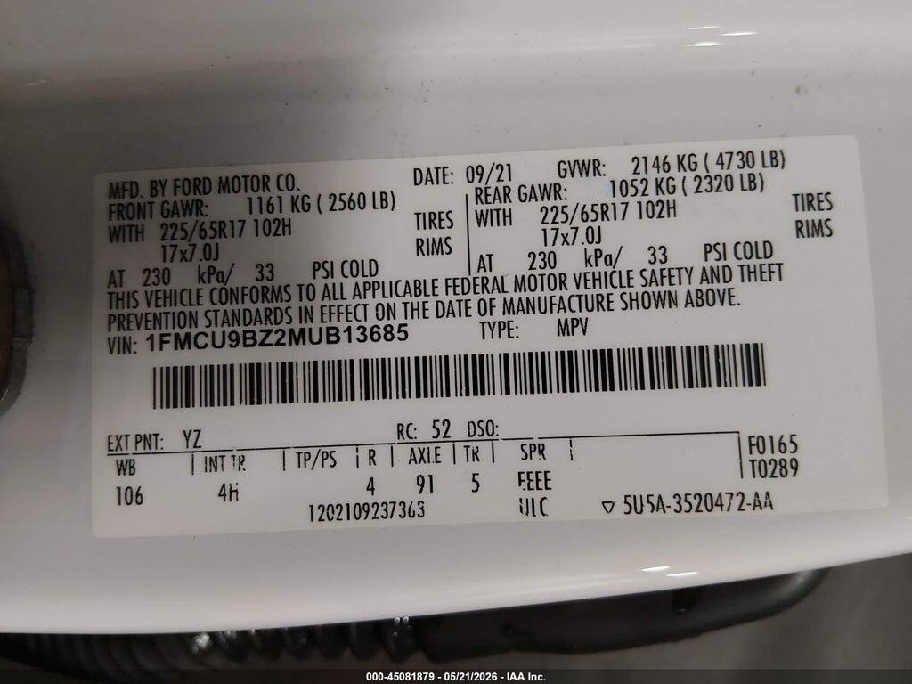 1FMCU9BZ2MUB13685 2021 FORD ESCAPE photo no. 9