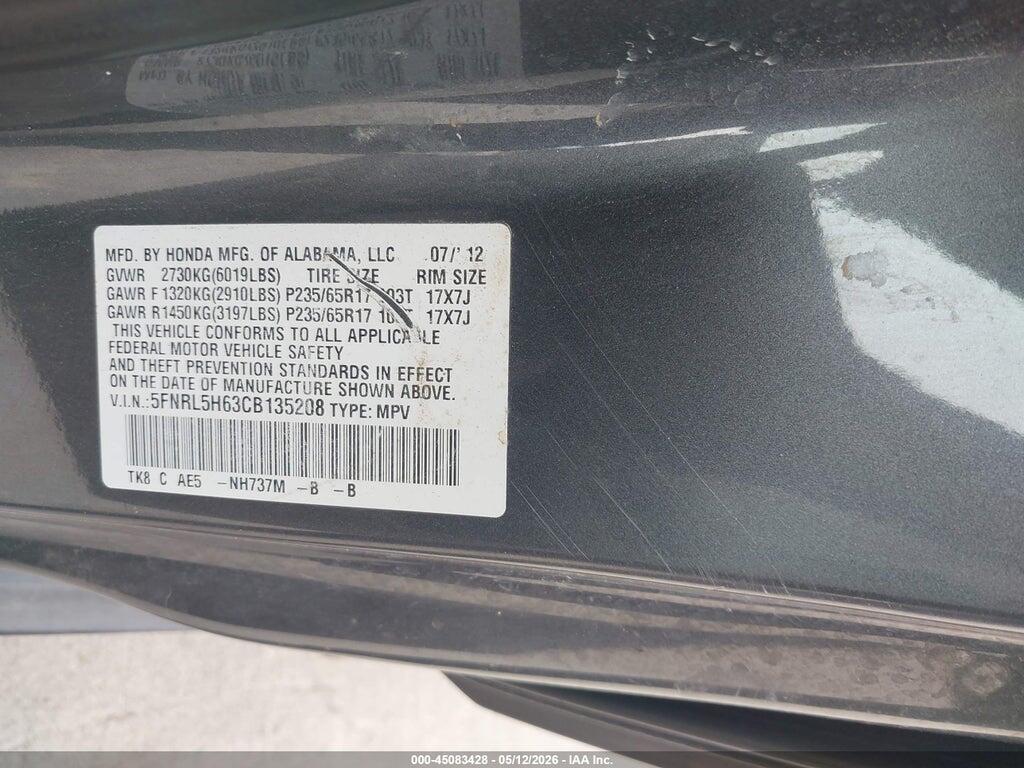 5FNRL5H63CB135208 2012 HONDA ODYSSEY photo no. 9