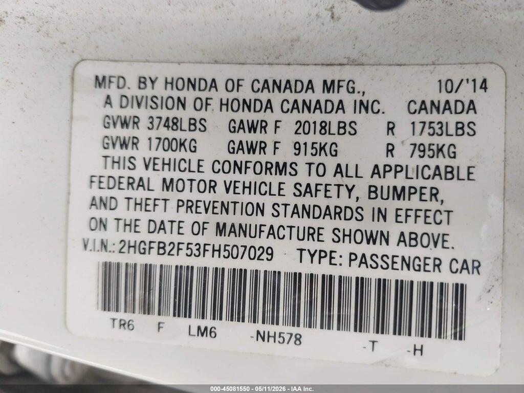 2HGFB2F53FH507029 2015 HONDA CIVIC photo no. 9