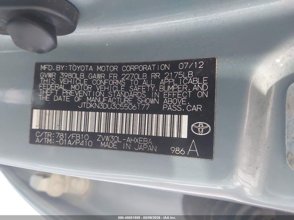 JTDKN3DU3C5506177 2012 TOYOTA PRIUS photo no. 9