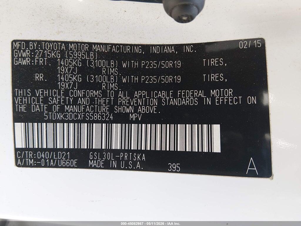 5TDXK3DCXFS586324 2015 TOYOTA SIENNA photo no. 9
