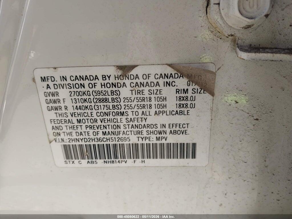 2HNYD2H36CH512695 2012 ACURA MDX photo no. 9