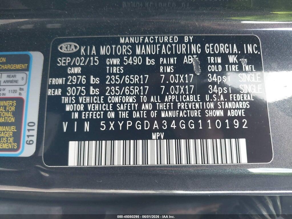 5XYPGDA34GG110192 2016 KIA SORENTO photo no. 9