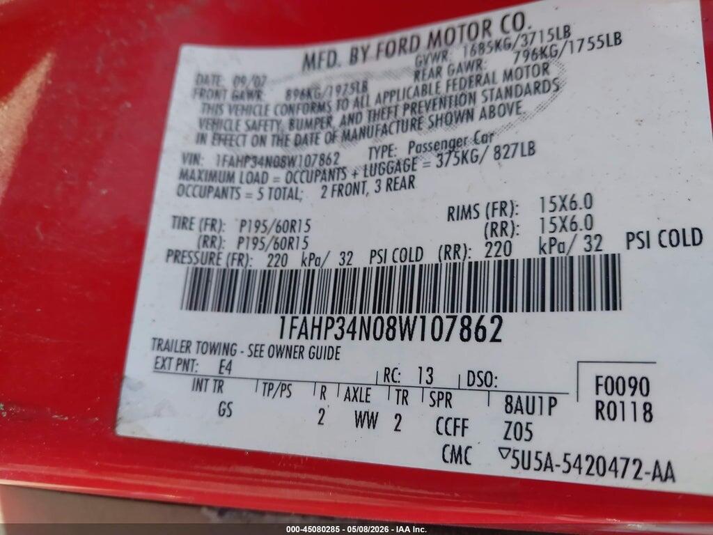 1FAHP34N08W107862 2008 FORD FOCUS photo no. 9
