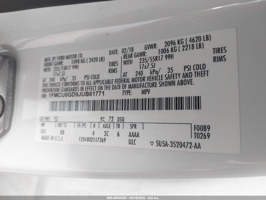 1FMCU0GD9JUB61771 2018 FORD ESCAPE photo no. 9