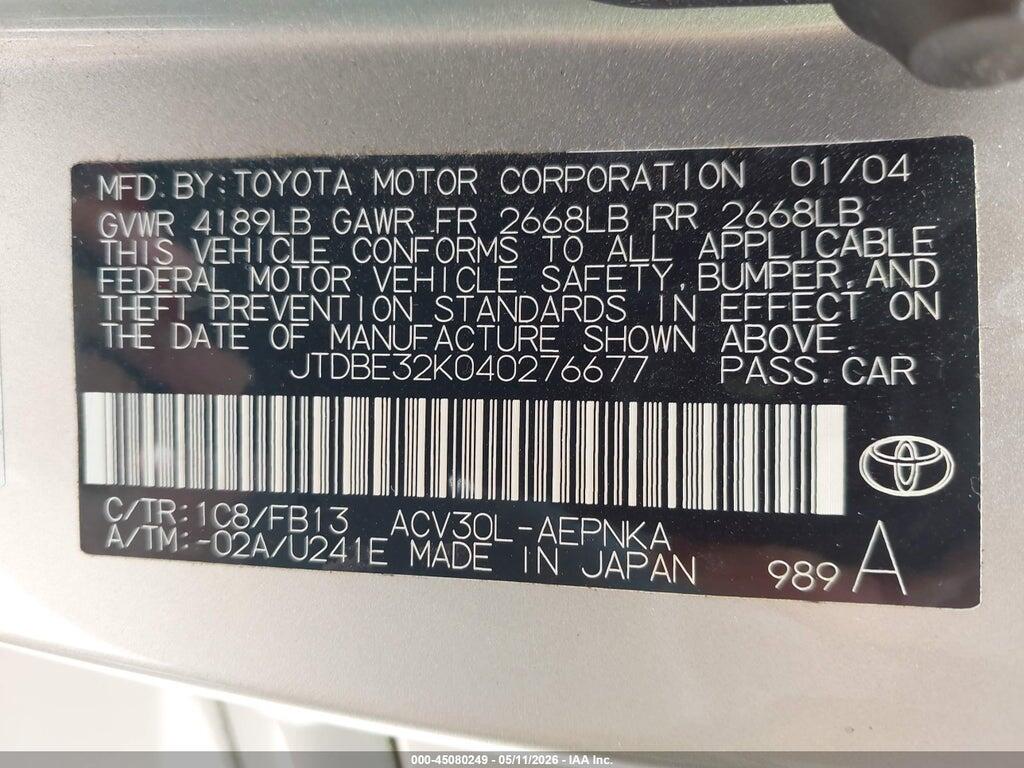 JTDBE32K040276677 2004 TOYOTA CAMRY photo no. 9