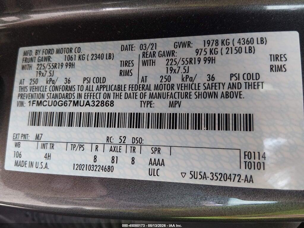 1FMCU0G67MUA32868 2021 FORD ESCAPE photo no. 9