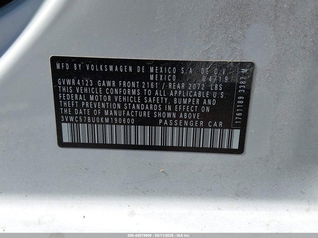 3VWC57BU0KM190600 2019 VOLKSWAGEN JETTA photo no. 9