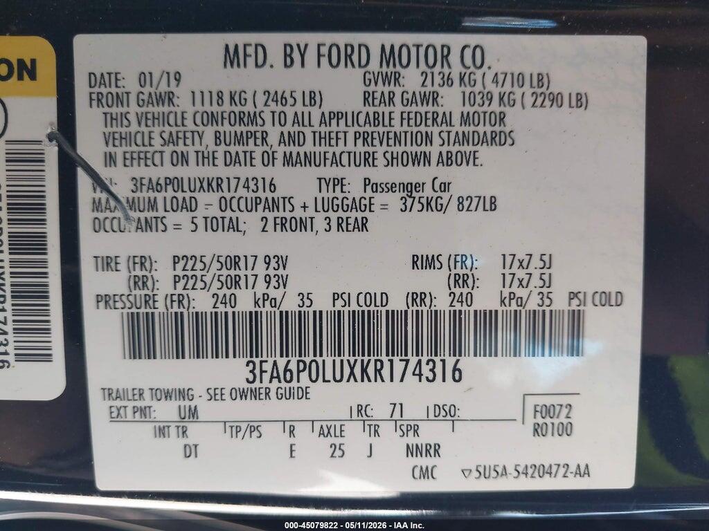 3FA6P0LUXKR174316 2019 FORD FUSION HYBRID photo no. 9