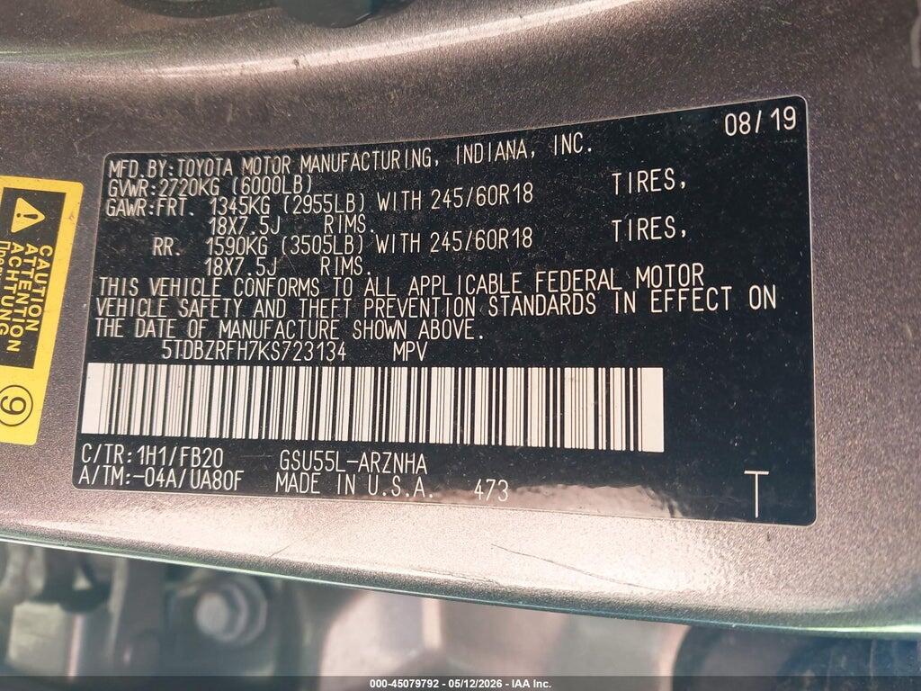 5TDBZRFH7KS723134 2019 TOYOTA HIGHLANDER photo no. 9