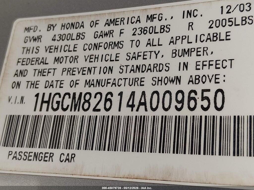 1HGCM82614A009650 2004 HONDA ACCORD photo no. 9