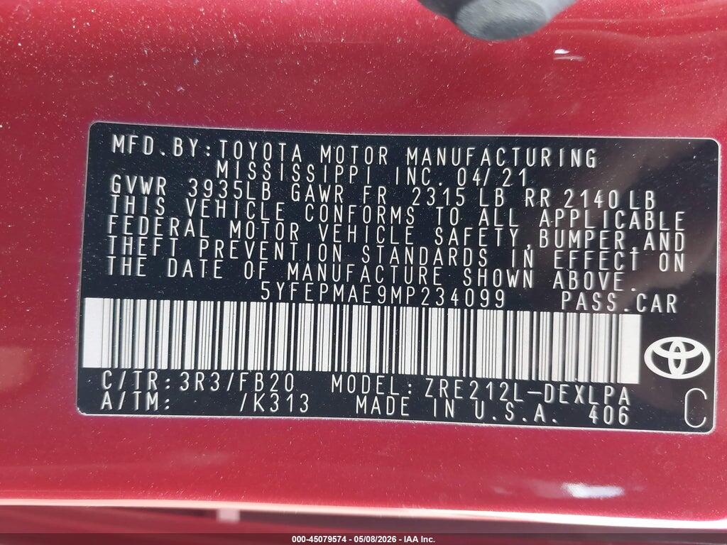 5YFEPMAE9MP234099 2021 TOYOTA COROLLA photo no. 9