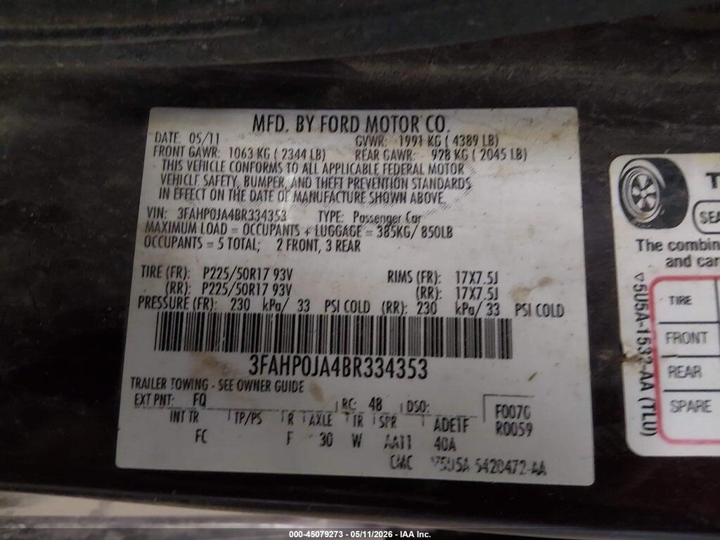 3FAHP0JA4BR334353 2011 FORD FUSION photo no. 9