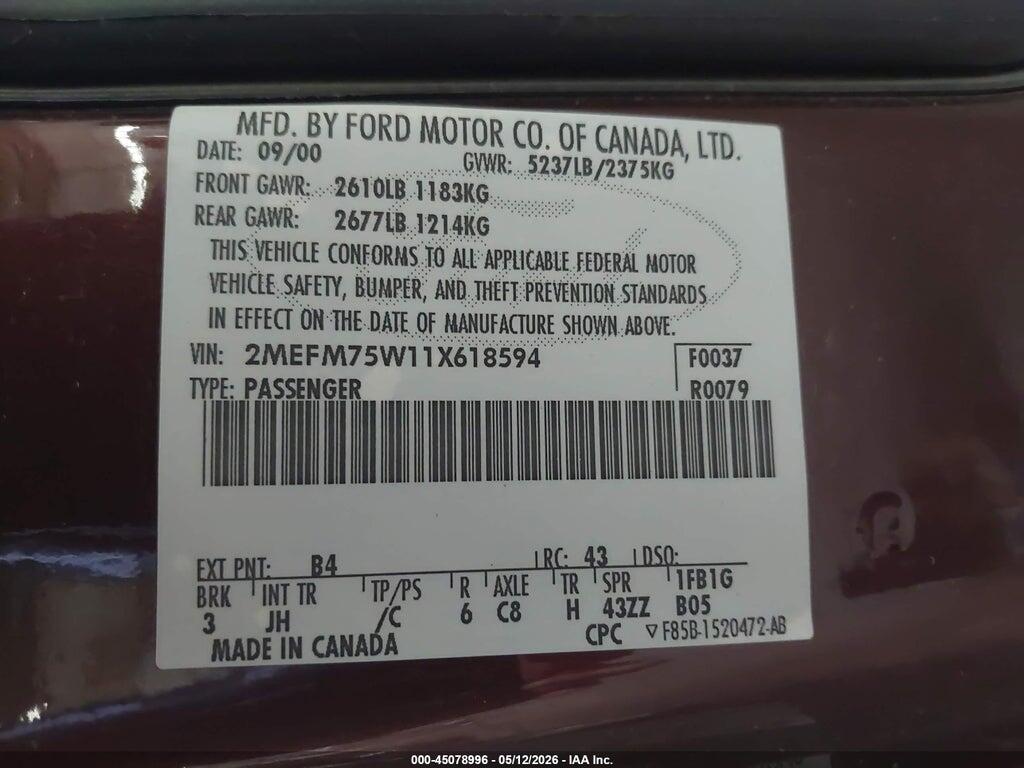 2MEFM75W11X618594 2001 MERCURY GRAND MARQUIS photo no. 9