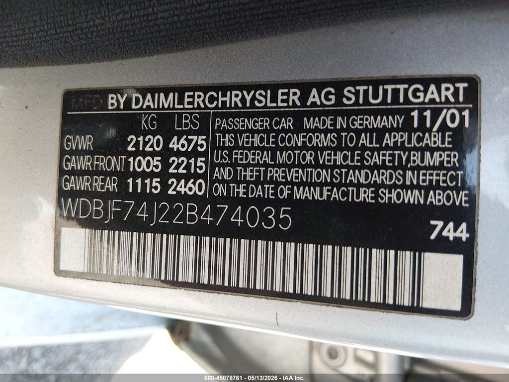 WDBJF74J22B474035 2002 MERCEDES-BENZ E 55 AMG photo no. 9