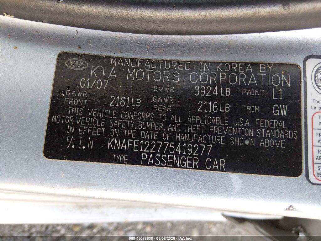 KNAFE122775419277 2007 KIA SPECTRA photo no. 9