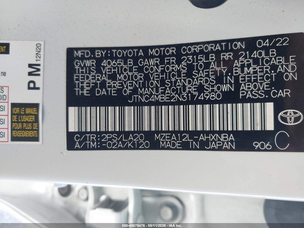 JTNC4MBE2N3174980 2022 TOYOTA COROLLA photo no. 9