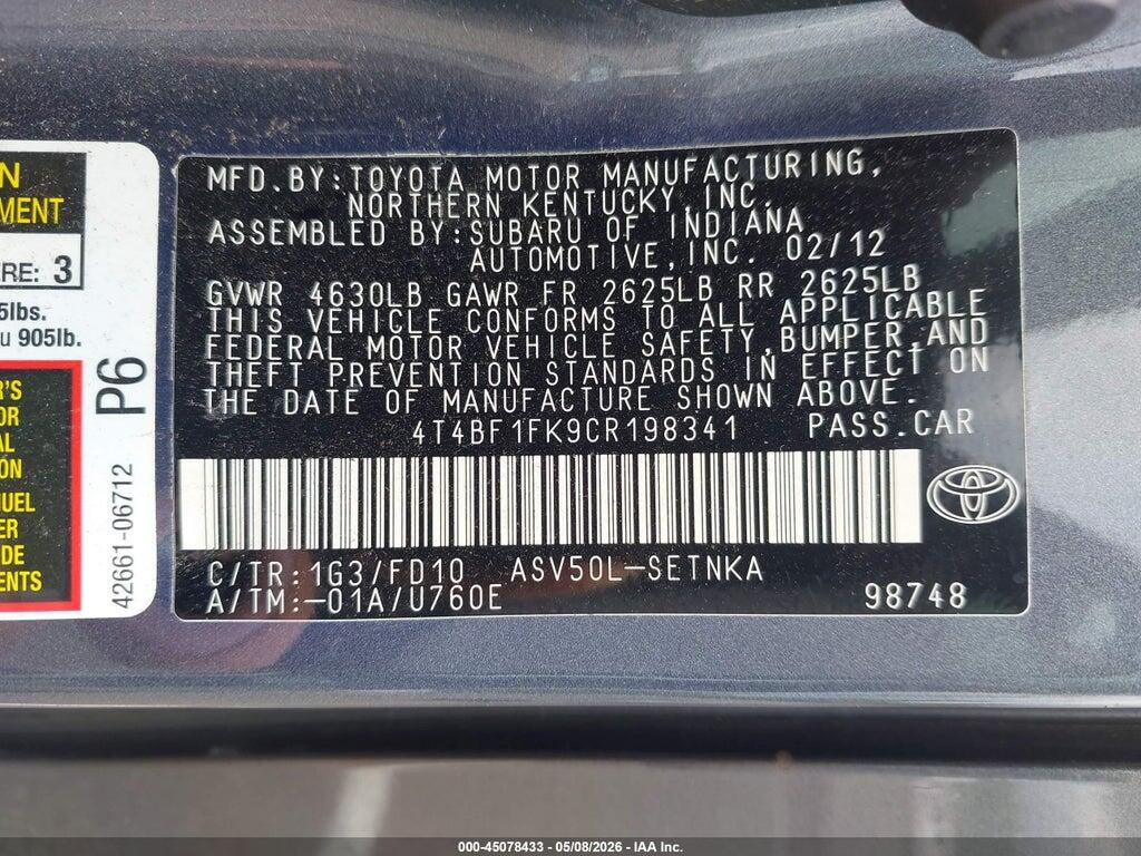 4T4BF1FK9CR198341 2012 TOYOTA CAMRY photo no. 9