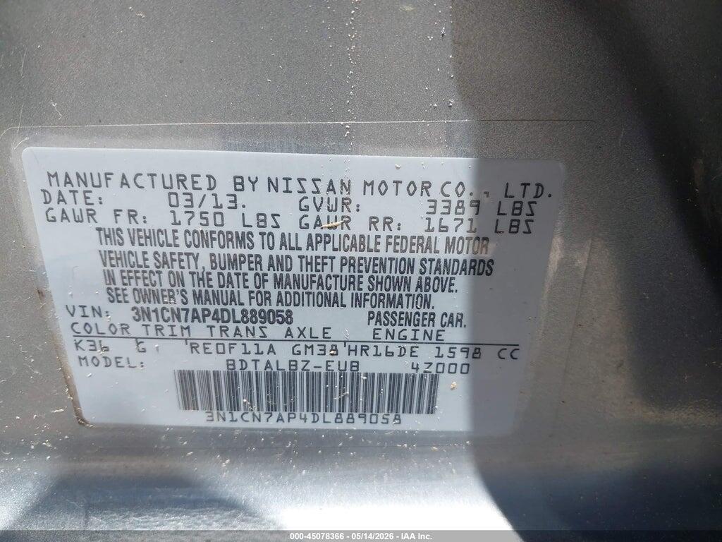 3N1CN7AP4DL889058 2013 NISSAN VERSA photo no. 9