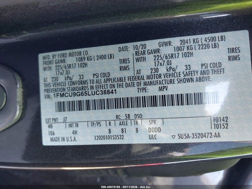 1FMCU9G65LUC38841 2020 FORD ESCAPE photo no. 9