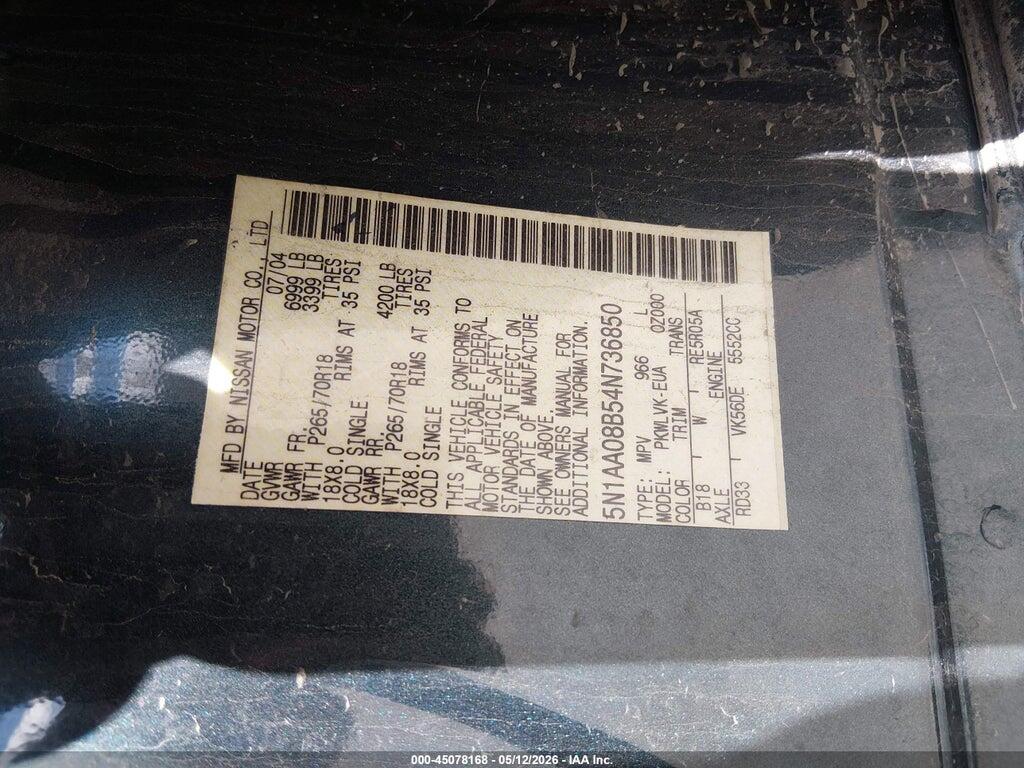 5N1AA08B54N736850 2004 NISSAN PATHFINDER ARMADA photo no. 9