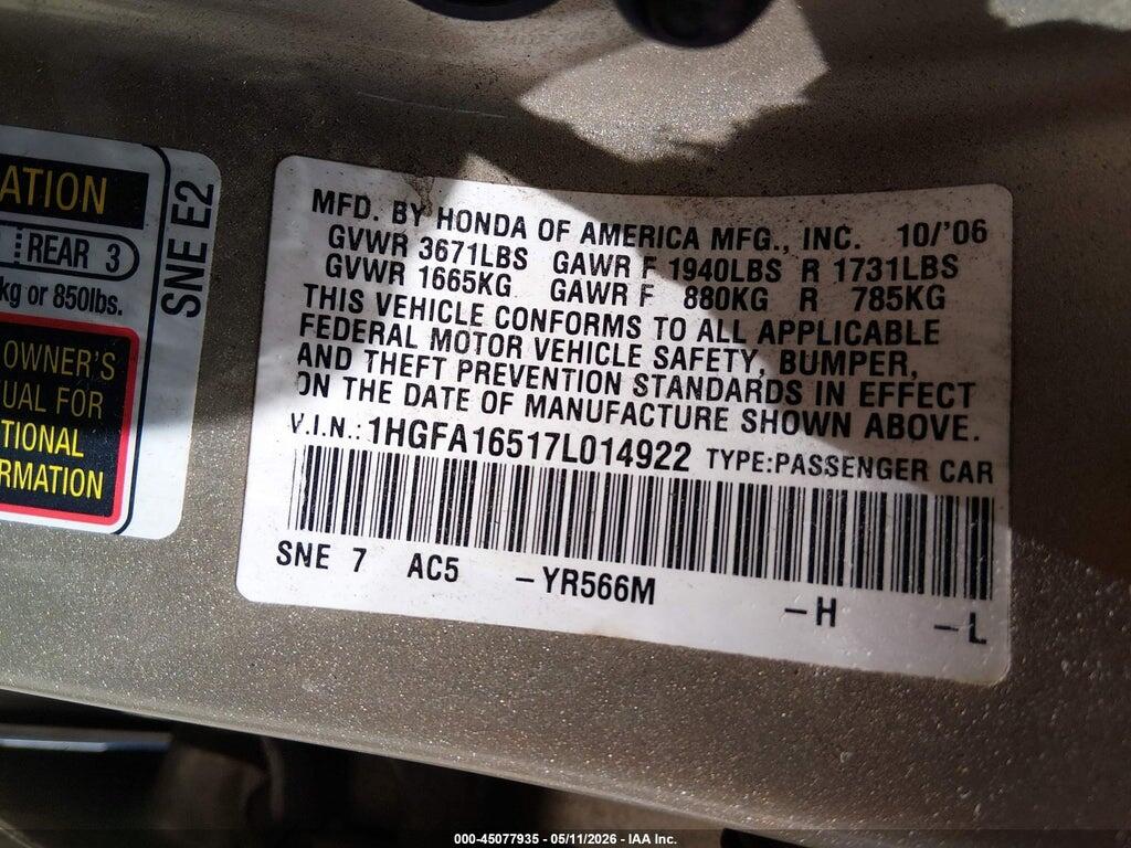 1HGFA16517L014922 2007 HONDA CIVIC photo no. 9