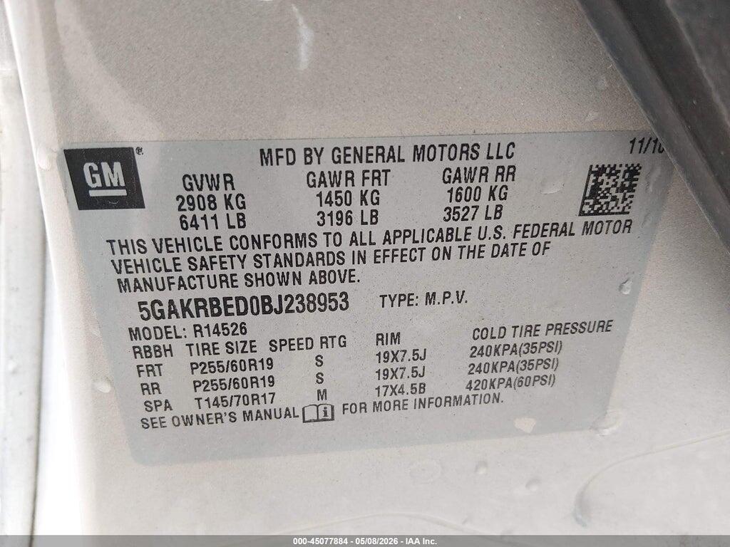 5GAKRBED0BJ238953 2011 BUICK ENCLAVE photo no. 9