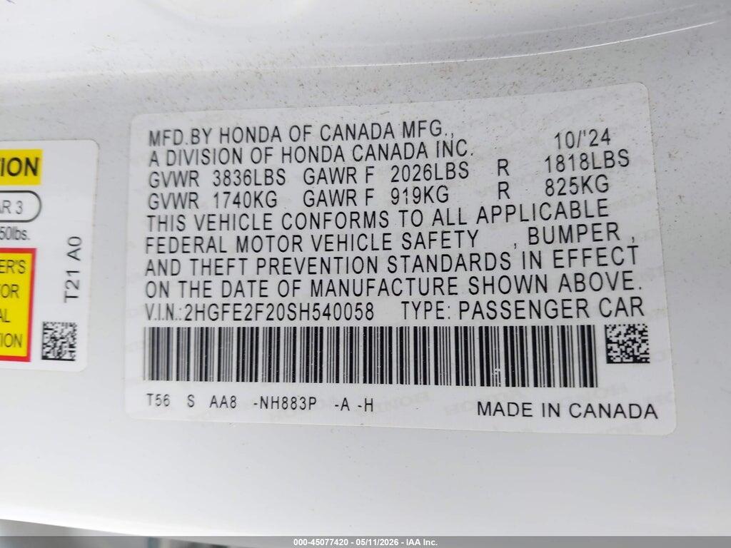 2HGFE2F20SH540058 2025 HONDA CIVIC photo no. 9