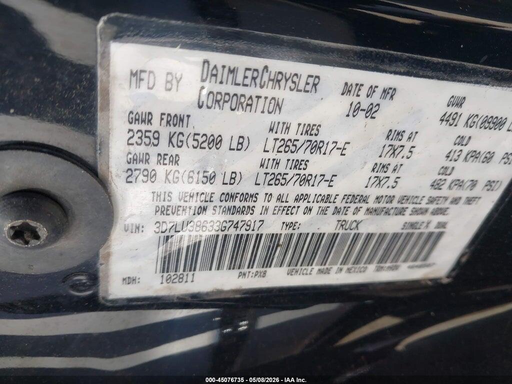 3D7LU38633G747917 2003 DODGE RAM 3500 photo no. 9