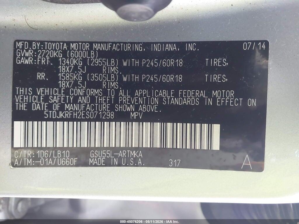 5TDJKRFH2ES071298 2014 TOYOTA HIGHLANDER photo no. 9