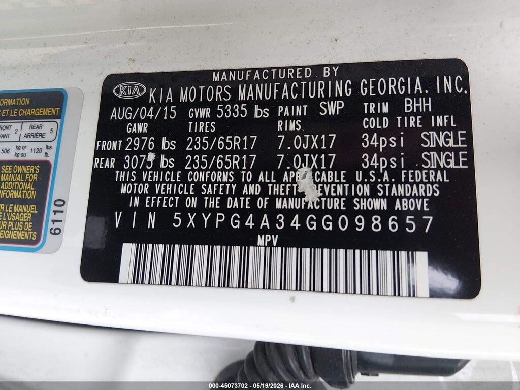 5XYPG4A34GG098657 2016 KIA SORENTO photo no. 9